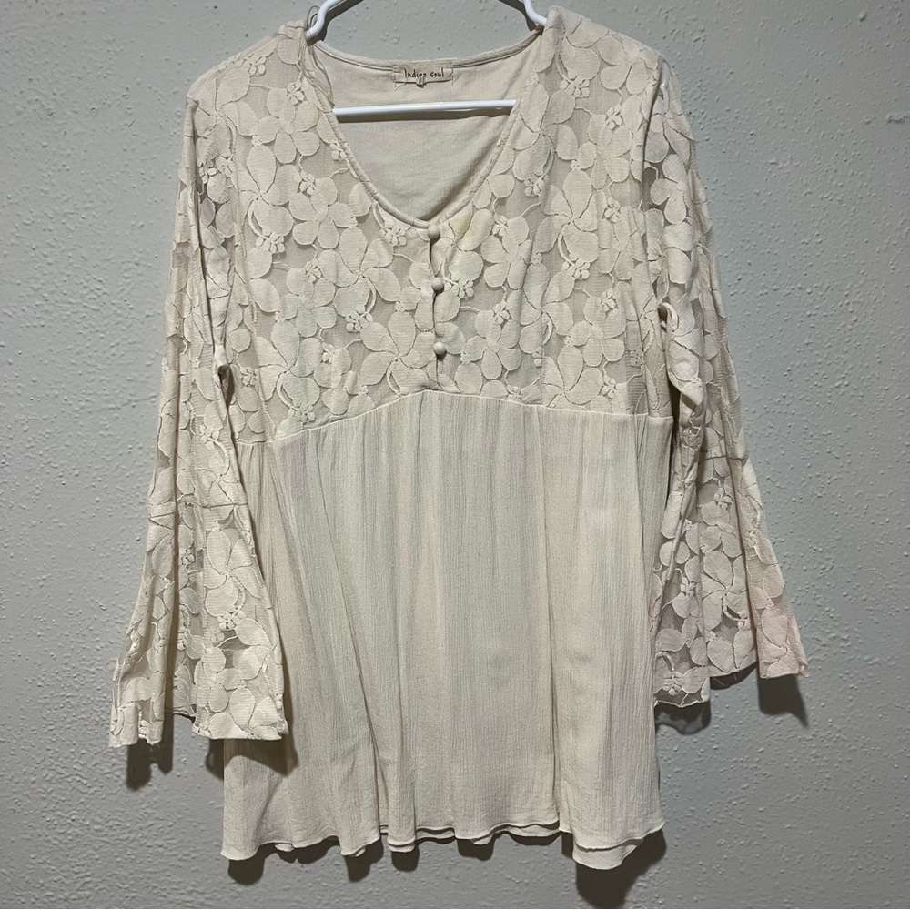Indigo Soul Blouse Women's XL Tunic Crochet Lined Laced Boho Gypsy